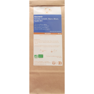 Feuilles de Verveine citronnée*, fleurs de Lavande*, fleurs de Mauve*, pétales de Bleuet* & Vanille* BIO